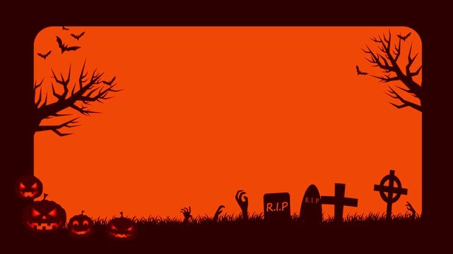 Graveyard silhouette background with zombie hands rising and glowing pumpkins under orange sky.