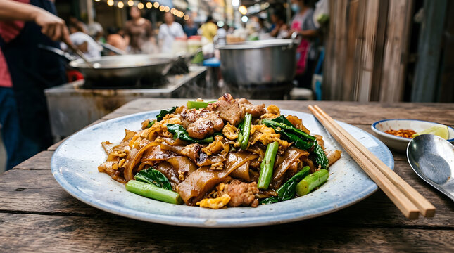 Thai pad see ew on rustic plate
