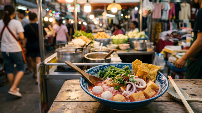 Thai yen ta fo noodle soup at local street market