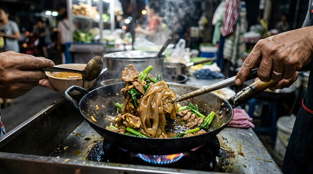 Thai pad see ew preparation at street stall