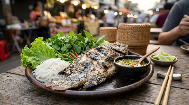 Thai pla pao grilled fish on rustic plate