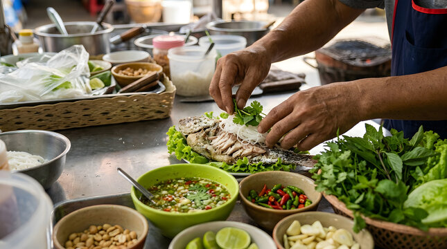 Thai pla pao grilled fish preparation at street stall