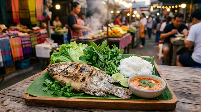 Thai pla pao grilled fish at local street market
