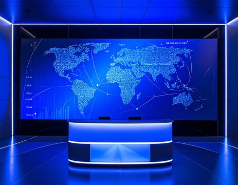 Modern virtual news studio set with glowing blue interactive world map screen and anchor desk. Ideal for broadcast journalism and global media presentations.