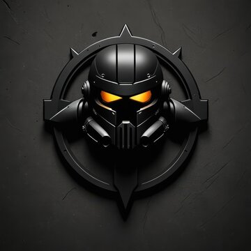 Futuristic robotic skull emblem with glowing eyes in dark background