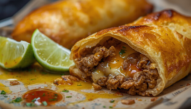 A delicious beef and cheese empanada with lime wedges on a plate
