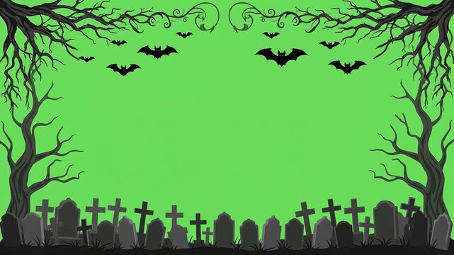Spooky Halloween border frame with flying bats and graveyard silhouettes on green screen background for video editing overlays and festive motion graphics projects