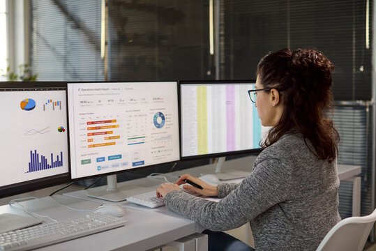 Accountant woman auditing data spreadsheet report. Skilled analyst at office computer reviews finance dashboards and validates figures across three monitors. Concept marks accuracy and control.