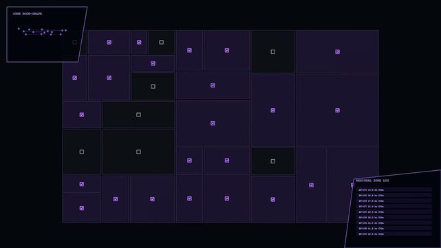 Carbon credits visualized through a digital interface displaying complex data patterns in a dark environment with multiple nodes connected by glowing lines and statistical list tables
