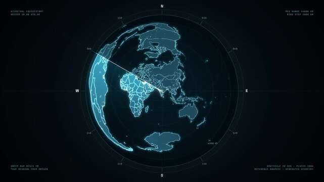 Radar sweep rotating over an azimuthal world map globe centered on Asia and the Pacific