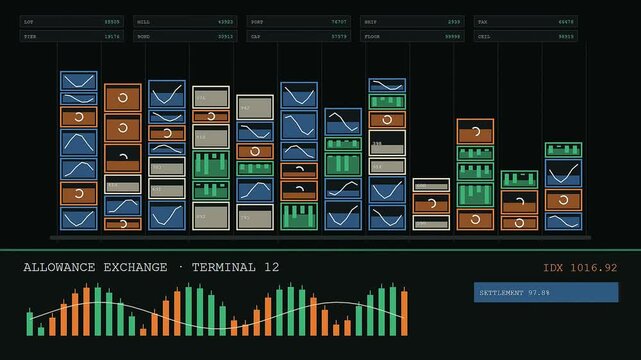 Digital displays showing carbon credits data with evolving bar charts and fluctuating financial metrics across three segmented monitors within a dark computer interface environment