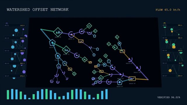 Digital carbon credits are monitored through a complex flowing network of interconnected nodes and glowing interface points displayed across three progressive screens for data visualization analysis