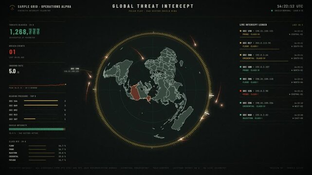 Global cyber threat intercept dashboard tracking blocked attacks on a world map globe