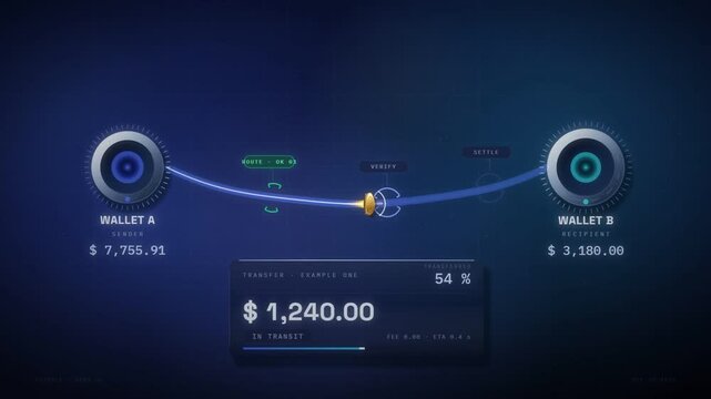 Digital wallet transfer with a coin travelling through route verify and settle stages