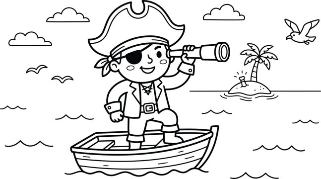 Cute boy pirate in a boat looking through spyglass line art illustration for kids coloring page