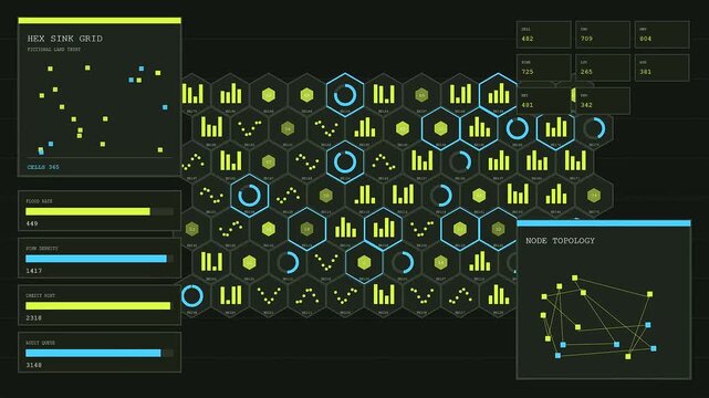 Carbon credits visualization displayed on a digital interface showing complex network nodes and fluctuating market data points in a systematic glowing neon green computer monitor view