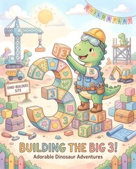 Fototapeta premium Dinosaur builder stacking colorful blocks to form number three