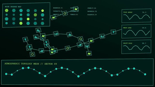 Monitoring carbon credits across complex digital atmospheric maps with glowing nodes and streaming data lines within a dark green virtual analytical computer interface display system