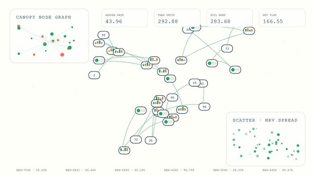 Digital carbon credits monitoring interface showing network nodes and statistical data points in a systematic evolution of environmental climate tracking panels displayed on an off white screen