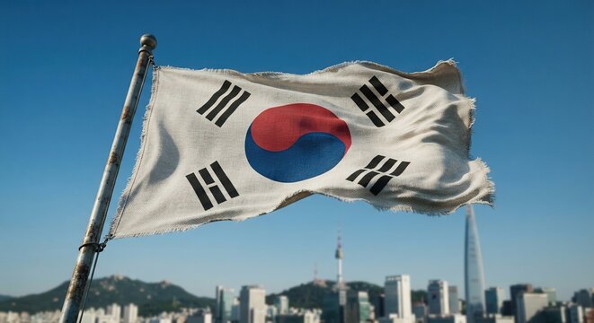 Realistic South Korean flag waving in the wind against a clear blue sky, representing South Korea, Korean culture, national pride, and national identity.