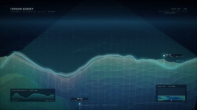 Terrain survey interface scrolling across a glowing elevation profile with peak markers