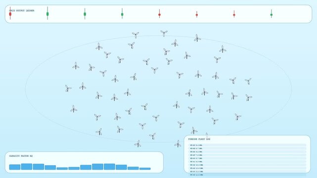 Digital carbon credits integration observed through animated charts and wind turbine population growth displayed on a light blue interface within an analytical software monitoring desktop screen