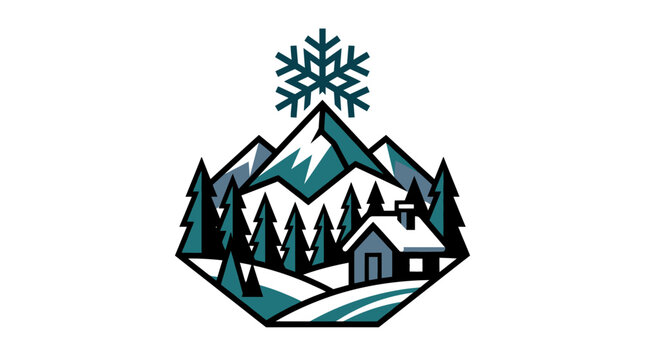 Winter Christmas logo design with snowy mountains, pine trees, and a cozy cabin in the mountains