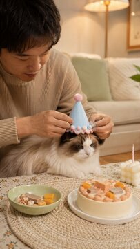 Man dressing fluffy cat in party hat for birthday celebration at home