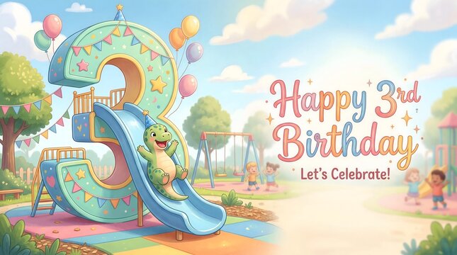 Baby dinosaur sliding on number three playground for third birthday