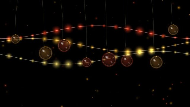 Festive string lights with glowing orbs against a dark cosmic background