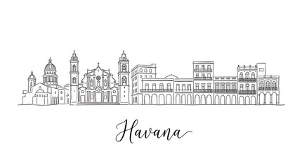 Naklejka premium Elegant minimalist line drawing of Havana cityscape featuring historic architecture and vibrant urban details capturing the