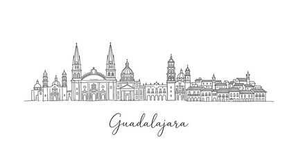 Fototapeta premium Elegant minimalist line art of Guadalajara cityscape showcasing historic and modern architecture with a handwritten city name