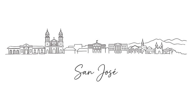 Minimalist Line Drawing of San Jos?'s Skyline Featuring Historic Buildings and Mountain Range in the Background