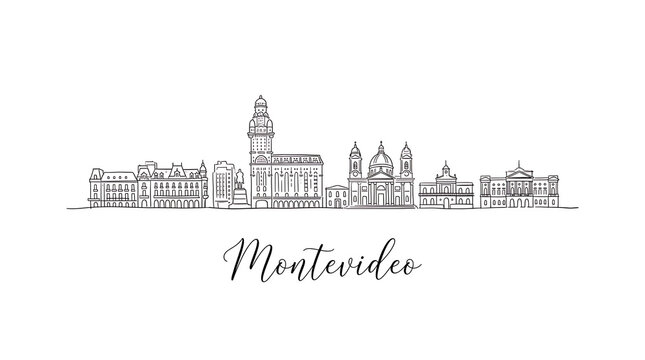 Elegant minimalist line art illustration of Montevideo cityscape showcasing historic and modern architecture with a handwritten