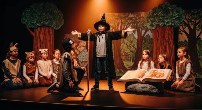 Children performing in a play on a stage in costume with a book