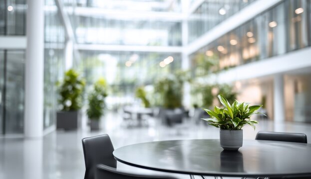 Spacious Modern Office Atrium With Natural Light and Lush Green Plants Reflecting Contemporary Workspace Design and Employee Well-being With Tables and Chairs