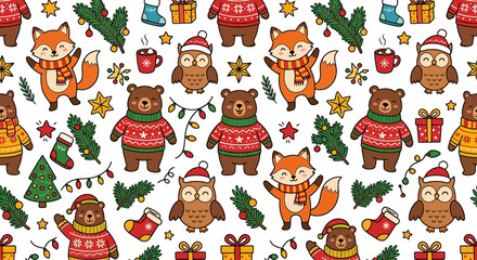 Fototapeta premium Cute Christmas Animals Pattern Foxes Bears Owls in Sweaters Isolated