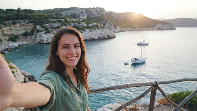 Woman takes a selfie on a scenic coastal cliff overlooking the sea.