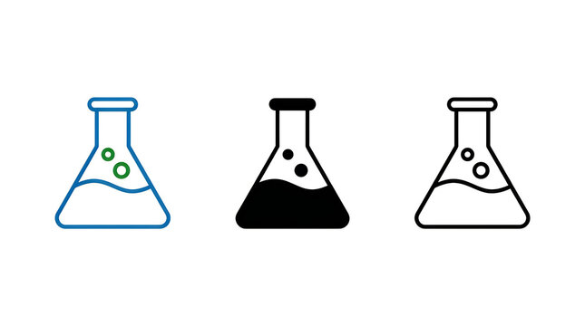 Three flasks with different colored liquids