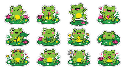 Fototapeta premium Collection of Adorable Cartoon Frogs in Various Poses and Activities, Perfect for Children's Designs.