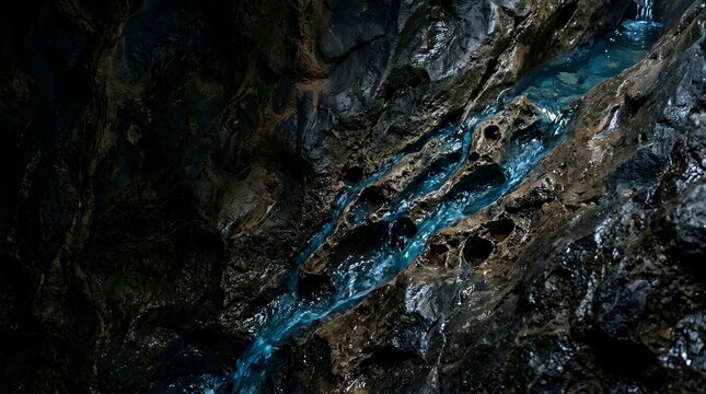Underground blue stream of water flowing through dark textured rock formations inside a cavern