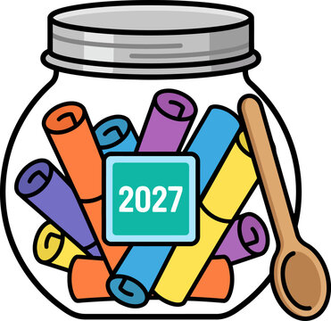 Colorful glass memory jar filled with rolled paper notes and a wooden spoon for the year 2027 planning