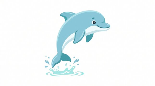 Cute cartoon dolphin icon jumping with water splash. White background. Single icon.