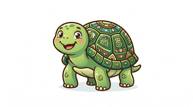 Cute cartoon turtle icon with patterned shell. White background. Single icon.