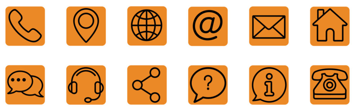 Contact Icons Set: A collection of simple orange square icons representing various contact methods, including phone, location, globe, email, envelope, house, chat bubble, headset, share.