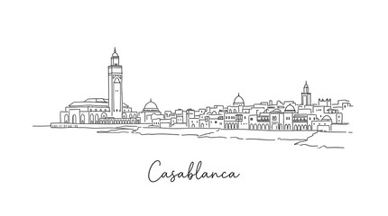 Obraz premium Minimalist Line Drawing of Casablanca City Skyline Highlighting Architectural Landmarks and Urban Layout for Modern Art and