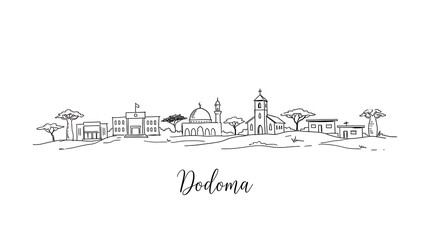 Fototapeta premium Stylized line drawing capturing the historic cityscape of Dodoma with iconic buildings and lush trees in a minimalist art style