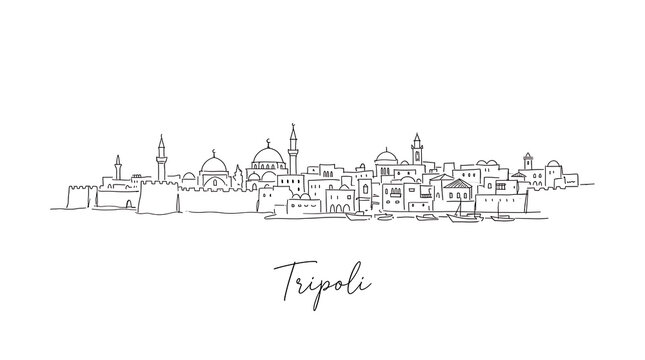Minimalist Line Drawing of the Historic Skyline of Tripoli Featuring Architectural Highlights and Coastal View