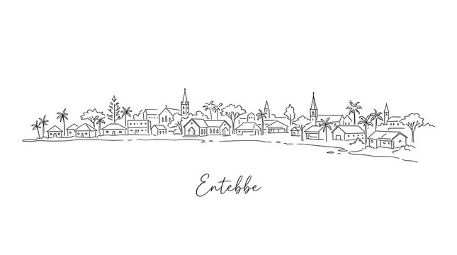 Minimalist line art skyline of Entebbe with tropical trees and local architecture