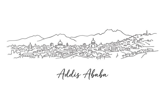 Minimalist line art illustration of Addis Ababa cityscape with mountains backdrop emphasizing urban landscape and geographical